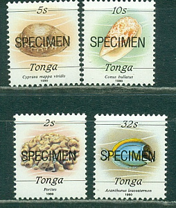 Тонга, 1990, Раковины. Рыбы, 4 марки надпечатка ОБРАЗЕЦ